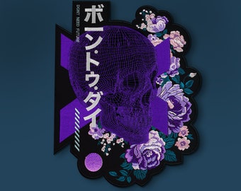 patch in digital lavender style, large purple skull and flowers patch, back patch