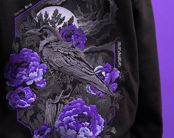 Embroidered Crow & Peonies Zipper, Pullover Hoodie, Gothic Floral Sweatshirt