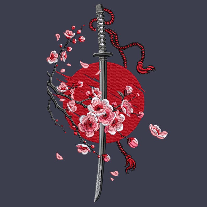 Diseño de bordado de espada japonesa Katana y Sakura, archivos de bordado a máquina de samurái imagen 2