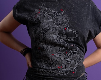 Custom Text Embroidered T-Shirt: Acid Wash Japanese Koi Fish Tees