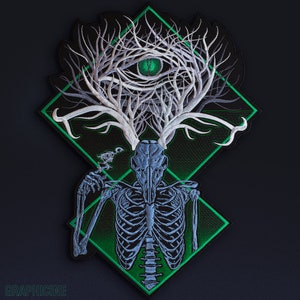 Deer Skull Patch: Wendigo Mythical Medieval Animal Goth Embroidered Back Patch Bluish grey & green