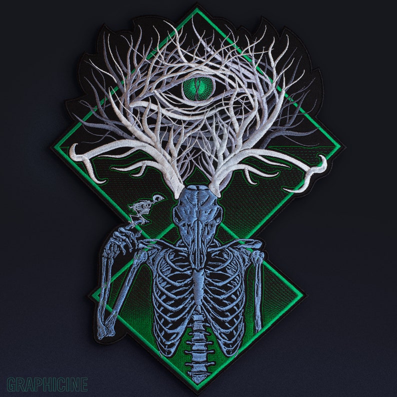 Deer Skull Patch: Wendigo Mythical Medieval Animal Goth Embroidered Back Patch Bluish grey & green