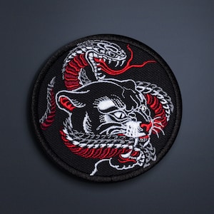panther patch, classic tattoo style, snake patch, embroidered patch, battle jacket patch, patches for jackets, tattoo style patch