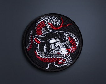 panther patch, classic tattoo style, snake patch, embroidered patch, battle jacket patch, patches for jackets, tattoo style patch