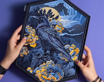 クロウパッチ：ゴシックオカルトアイロン接着カラスの刺繍入りジャケット用バックパッチ