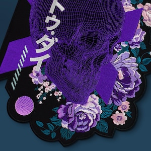 Purple Skull and Flowers Embroidered Patch, Iron-On, Sew-On