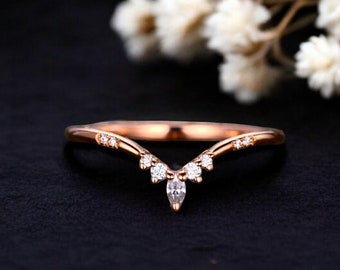Moissanite wedding band Curved wedding band Yellow gold wedding band Dainty stacking matching band Bridal Promise band Delicate ring