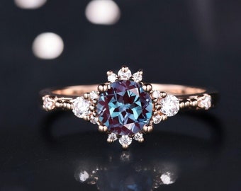 Dainty Round Cut Alexandrite Diamond Ring 14k Rose Gold Vintage Color Changing Gemstone Engagement Ring Unique Anniversary Gift for Women
