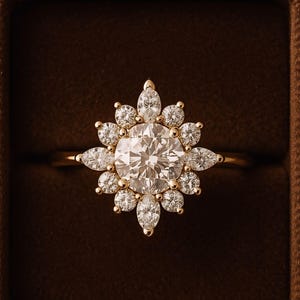 Puede incluir: Un anillo de oro con una piedra preciosa grande, redonda y transparente en el centro, rodeada de piedras preciosas más pequeñas y transparentes en un patrón floral. El anillo está en una caja de terciopelo marrón.