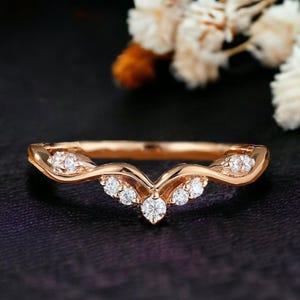 Curved Moissanite wedding band rose gold Round Moissanite curved matching band Antique Stacking band Dainty Band engagement ring bridal ring