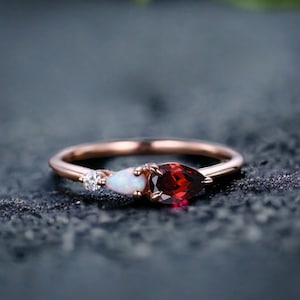 Vintage Red Garnet Opal Engagement Ring,Pear Cut Gems,Art Deco Moissanite Wedding Band,3 Stone Unique Women Bridal Promise Ring,Custom Ring