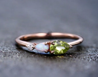 Vintage Peridot Opal Engagement Ring,Pear Cut Gems,Art Deco Moissanite Wedding Band,3 Stone Unique Women Bridal Promise Ring,Customized Gift