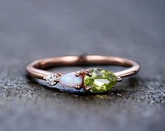 Vintage Peridot Opal Engagement Ring,Pear Cut Gems,Art Deco Moissanite Wedding Band,3 Stone Unique Women Bridal Promise Ring,Customized Gift