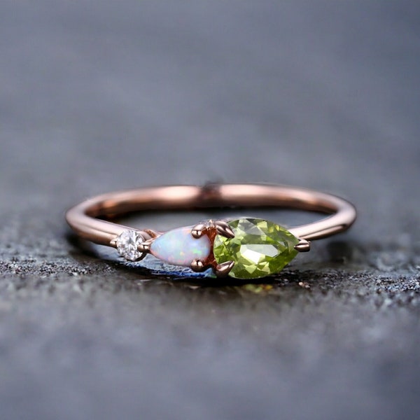 Vintage Peridot Opal Engagement Ring,Pear Cut Gems,Art Deco Moissanite Wedding Band,3 Stone Unique Women Bridal Promise Ring,Customized Gift