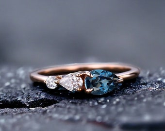 Vintage London Blue Topaz Engagement Ring,Pear Cut Gems,Art Deco Moissanite Wedding Band,3 Stone Unique Women Bridal Promise Ring,Platinum