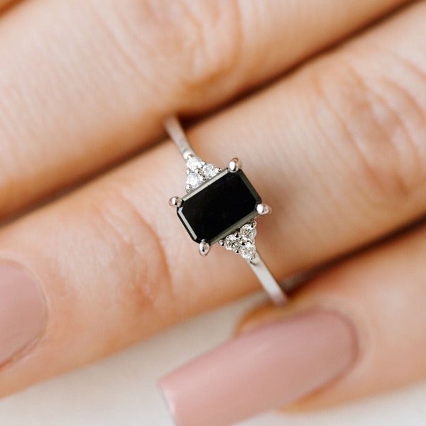 Natural Black Onyx Ring Emerald Cut Onyx Ring Sterling Silver Black Onyx Ring Black Stone Ring Onyx Ring Simple Onyx CZ Ring December Ring