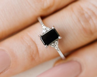 Natural Black Onyx Ring Emerald Cut Onyx Ring Sterling Silver Black Onyx Ring Black Stone Ring Onyx Ring Simple Onyx CZ Ring December Ring