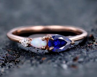 Vintage Sapphire Opal Engagement Ring,Pear Cut Gems,Art Deco Moissanite Wedding Band,3 Stone Unique Women Bridal Promise Ring,Customized