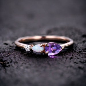 Vintage Amethyst Opal Engagement Ring Pear Cut Gems Art Deco Moissanite Wedding Band 3 Stone Unique Women Bridal Promise Ring Customized