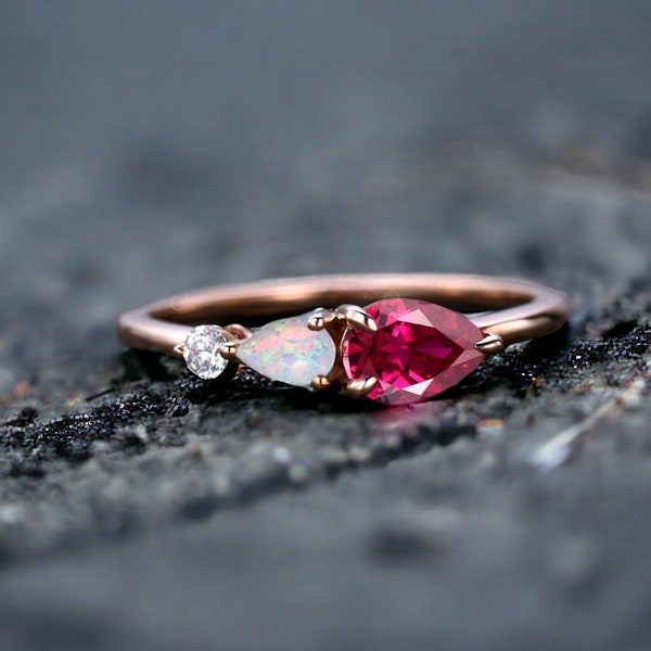 Vintage Red Ruby Opal Ring Engagement Ring Pear Cut Ruby Art Deco Moissanite Wedding Band 3 Stone Unique Women Bridal Promise Ring Rose gold