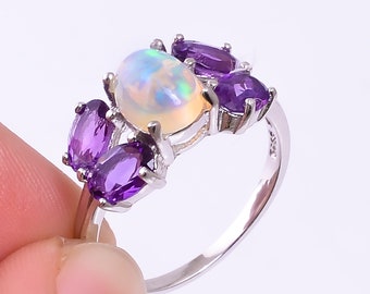 Natural Ethiopian Opal Ring- Sterling Silver Ring-Fire opal and Amethyst Ring, Opal Gemstone Silver Ring, Floral ring Oval stone ring