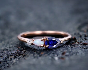 Vintage Sapphire Opal Engagement Ring,Pear Cut Gems,Art Deco Moissanite Wedding Band,3 Stone Unique Women Bridal Promise Ring,Customized