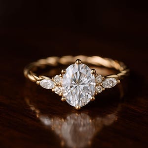 Oval cut Moissanite engagement ring vintage Unique Sterling Silver ring Solid gold Marquise cut diamond wedding Bridal ring Anniversary ring