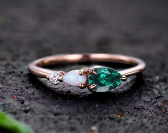 Vintage Emerald Opal Engagement Ring Pear Cut Gems Art Deco Moissanite Wedding Band 3 Stone Unique Women Bridal Promise Ring Customized Gift