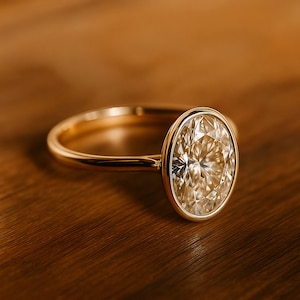 Può includere: Un anello d'oro con un diamante taglio ovale. Il diamante è incastonato in una montatura a castone e ha un taglio brillante. L'anello è su una superficie di legno.