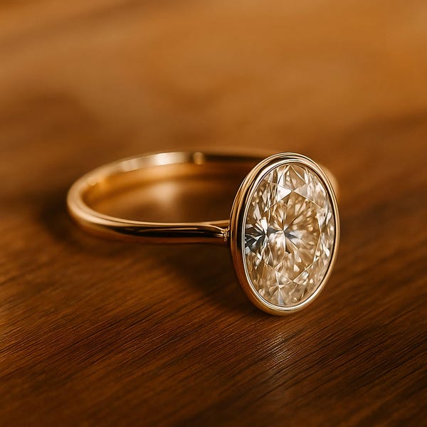 Anillo de compromiso de diamantes y moissanita ovalada de 2 quilates con engaste biselado, oro macizo de 14 quilates, solitario clásico, anillo de boda vintage, regalo perfecto para ella.