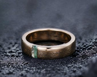 Mens Moss agate Wedding Band Baguette Cut Green Agate Band 5mm Solid Gold Ring Mens Solitaire Stacking Matching Band Retro Vintage Ring Gift