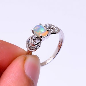 Natural Opal Ring Fire Opal Ring Oval Opal Ring Opal CZ Ring Sterling Silver Ring 14k Solid Gold Ring October Birthstone Ring Gift For Her