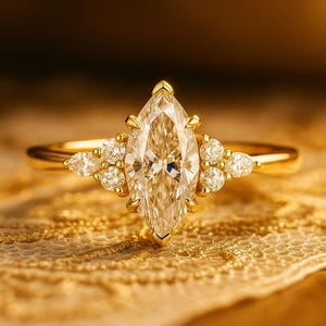 Vintage Marquise Cut Moissanite Engagement Ring Cluster Diamond Wedding Ring Three Stone Ring Delicate 14k Solid Gold Diamond Promise Ring