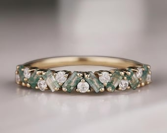 Unique Moss Agate Ring Moss agate Wedding Band Gold Rings Art Deco Eternity Band Moss Agate Matching Rings Personalized Gift For Her