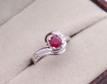 Ruby Ring-Natural Ruby Ring in Sterling Silver and Gold-Round Ruby Ring-Sterling Silver Ruby Ring-Designer Red Ruby Ring-Red Ruby Ring