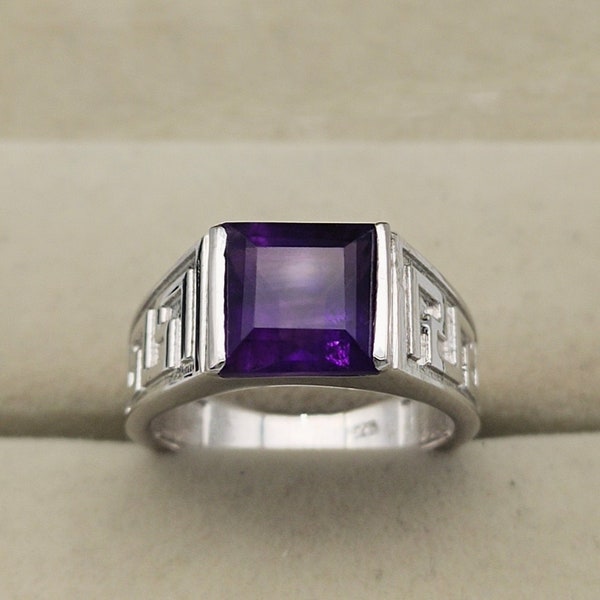 Amethist Ring voor mannen Mens Gemstone Ring Februari Birthstone Ring Sterling Zilver Amethist Ring Heren Ring Solid Gold Square Stone Ring