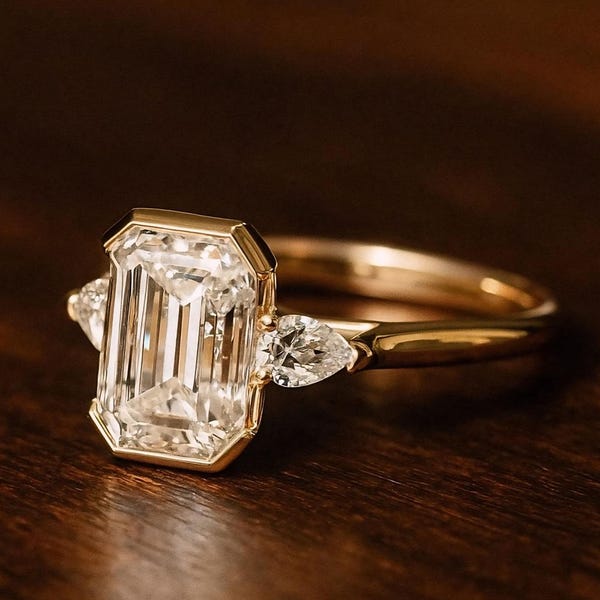 2 CT Emerald Cut Moissanite Engagement Ring 10K Gold Ring Bezel Set Wedding Rings Three Stone Emerald Cut Ring Moissanite Bezel Set Ring