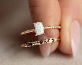 Opal Ring Dainty Opal Stacking Ring Baguette Ring Gold Opal Ring Sterling Silver Opal Ring Delicate Opal Ring Emerald Cut Bridesmaid Gift