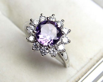 Amethyst Ring fo - Sterling Silver Halo Amethyst ring - Round Purple Amethyst Engagement Ring Statement Ring - Halo ring amethyst