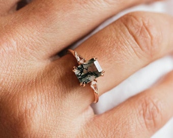 Moss Agate Ring Engagement Ring Emerald Cut Moss Agate Ring 3 Stone Unique Women Bridal Promise Ring Wedding Ring Aquatic Anniversary Ring