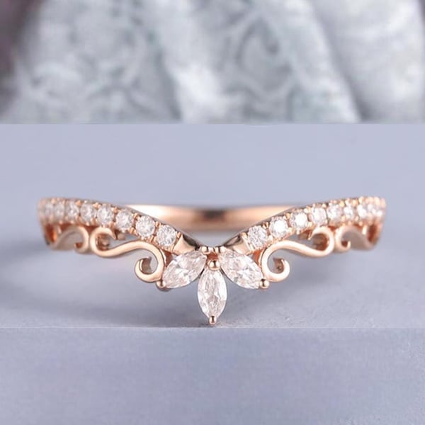 Curved wedding band Marquise Cut Rose Gold Diamond Bridal Band Vintage Wedding Ring Moissanite Stacking Matching Unique Chevron Band Custom