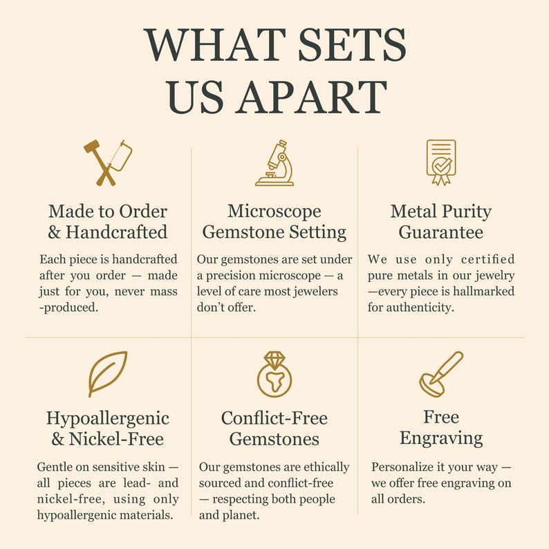 May include: An informational graphic with the text "WHAT SETS US APART" and six key features: Made to Order & Handcrafted, Microscope Gemstone Setting, Metal Purity Guarantee, Hypoallergenic & Nickel-Free, Conflict-Free Gemstones, and Free Engraving.