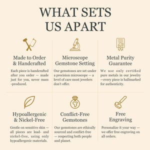May include: A graphic with the text "WHAT SETS US APART" and six bullet points: Made to Order & Handcrafted, Microscope Gemstone Setting, Metal Purity Guarantee, Hypoallergenic & Nickel-Free, Conflict-Free Gemstones, and Free Engraving.
