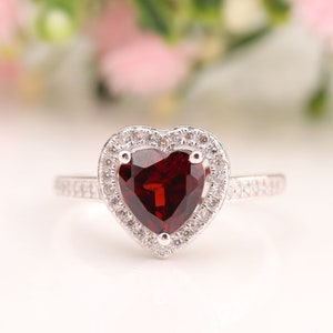 Garnet Ring Heart Cut Natural Halo Red Garnet Ring Sterling Silver Ring Solid Gold Ring Designer Ring Engagement Ring Statement Ring For Her
