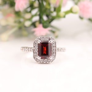 Dark Red Garnet Ring-Natural Red Garnet Ring-Sterling Silver Ring-Solid Gold Ring-Halo Ring Emerald Cut Garnet Ring Designer Red Garnet Ring