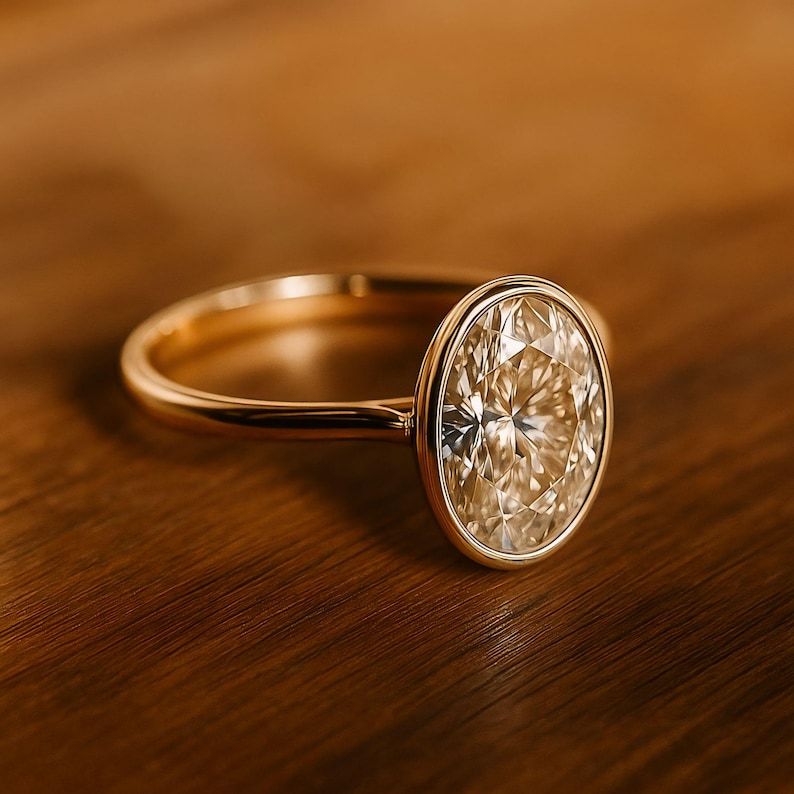 May include: A gold ring featuring an oval-cut diamond. The diamond is set within a bezel. The ring is displayed on a wooden surface. The ring is a piece of jewellery.