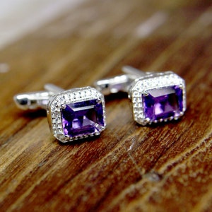 Natural Amethyst Silver Cufflinks Men&#39;s Cuff links Gemstone Cuff Links Silver Cufflinks Gift For Him Mens Jewelry February Birthstone