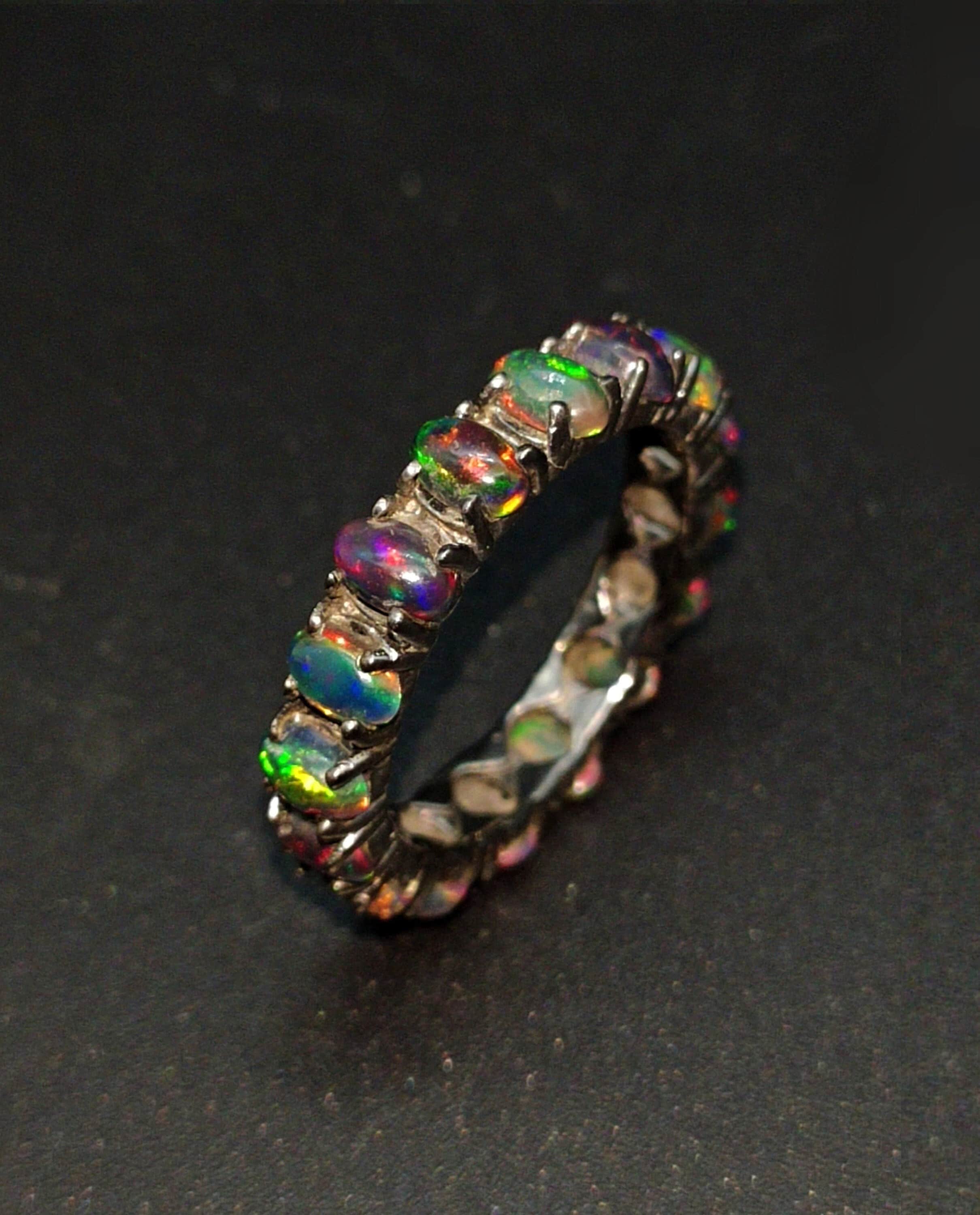 Black Opal Ring, Black Fire Opal Ring, Eternity Ring, Sterling Silver Ring,14k Gold Opal Ring, Welo Fire Opal Ring, October Birthstone Ring