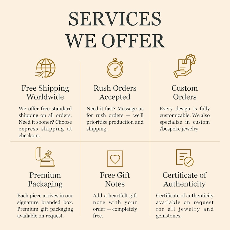 May include: An image displaying "SERVICES WE OFFER" with icons for services. These include free worldwide shipping, rush orders, custom orders, premium packaging, free gift notes, and certificates of authenticity.