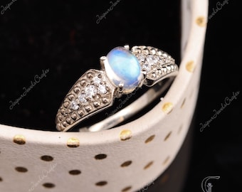 Anillo de piedra lunar azul - Anillo de piedra lunar ovalada - Anillo de piedra lunar de fuego azul - Anillo de piedra lunar arcoíris - Anillo de piedra lunar de plata esterlina - Anillo de oro de 14k